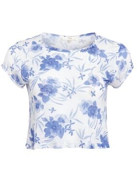 LOVESHACKFANCY rubin cropped tee size S blue and white hibiscus floral print